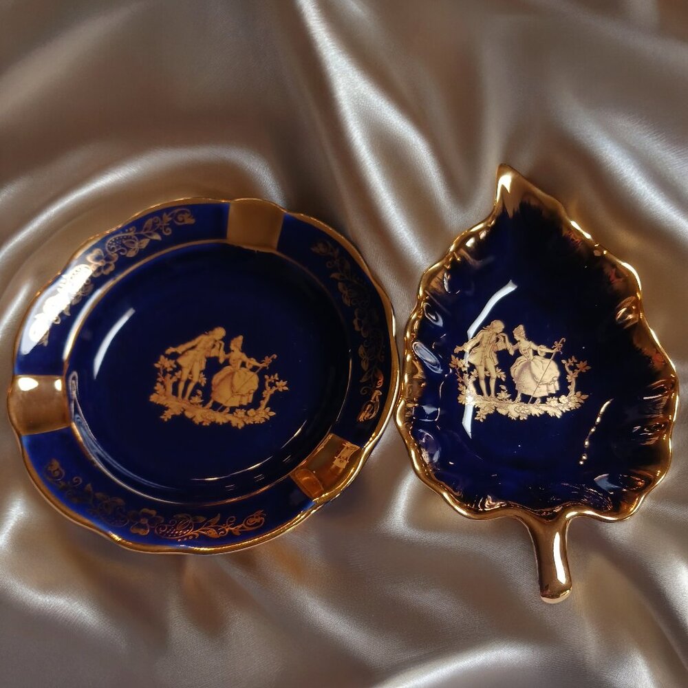 Vintage Limoges Porcelain Made in France Two Piece Ashtray Trinket Vanity Set